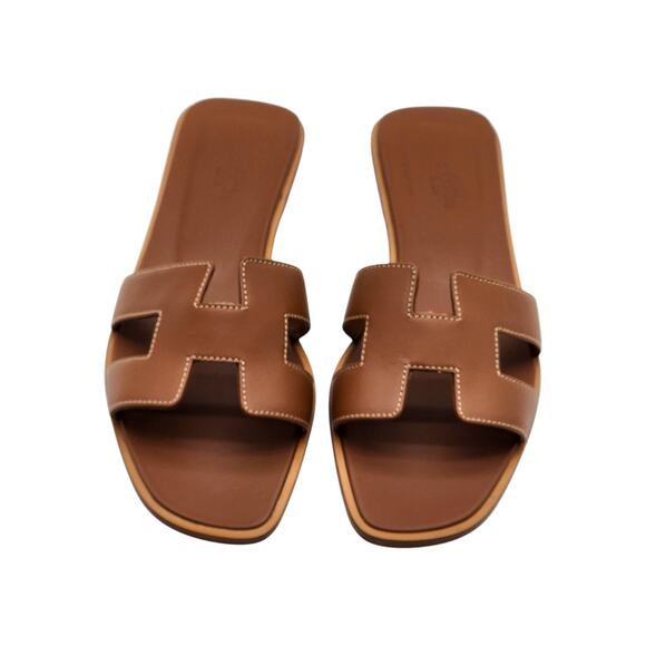 Hermes Oran Women's Leather Slide H Sandals Gold Brown EU 38 US 7.5 - New $840 - Picture 3 of 8
